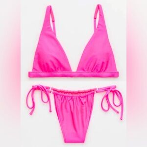 NWT Aerie FULL SET Shine Rib Plunge Top + Cheekiest Strappy Bottom Miami Pink -S